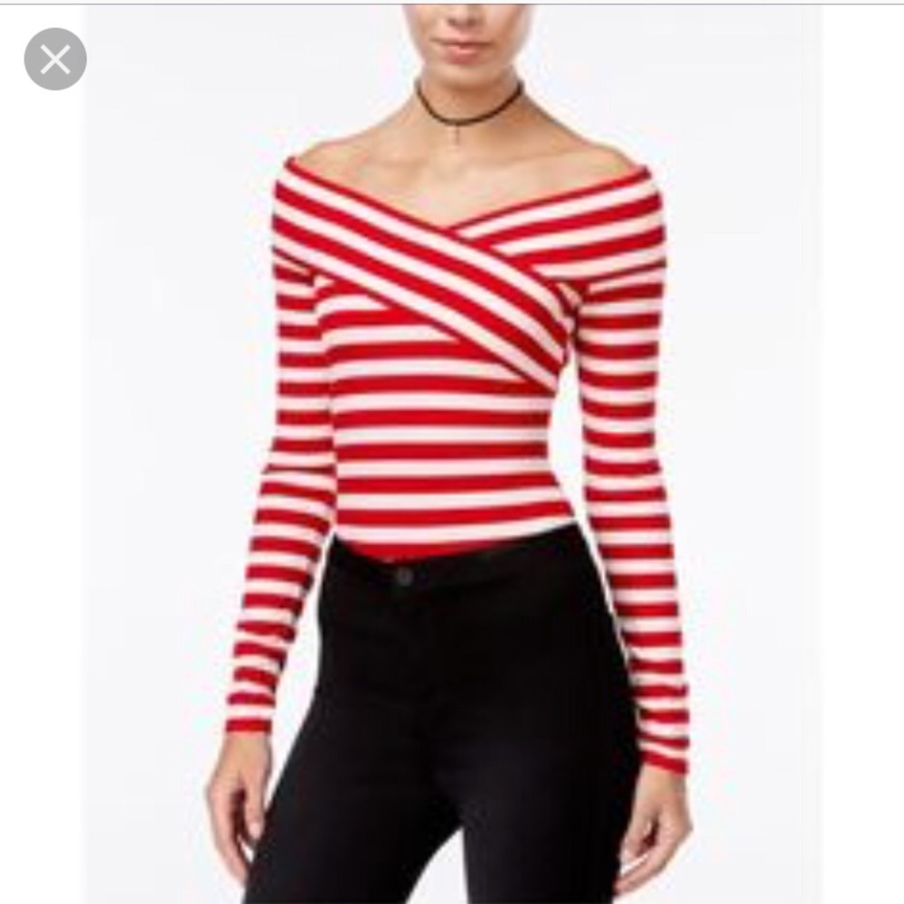 Juniors' Striped Off-The-Shoulder Bodysuit